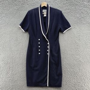 VTG Studio I Dress Womens 10 Navy Polka Dot Pinup Retro Double Breasted Sheath